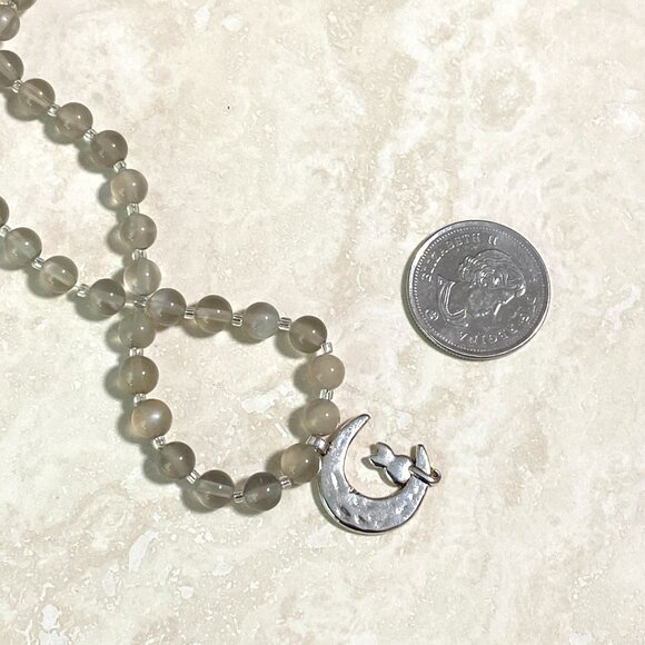 Dark Moonstone Silver Cat on the Moon Short Necklace, Genuine Gemstone Choker - Picture 9 of 11